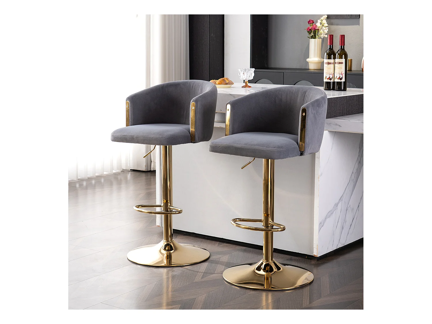 Lot de 2 tabourets de bar pivotants - Tabourets relevables avec dossier et repose-pieds dorés - pour cuisines, bars et restaurants - gris