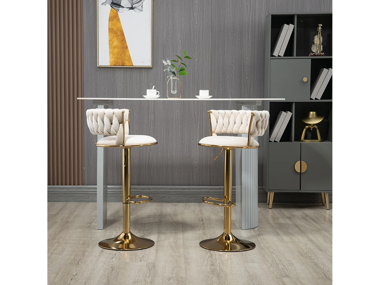 Juego de 2 taburetes de bar - Taburete giratorio con respaldo y altura ajustable - para comedor y sala de estar - terciopelo marfil