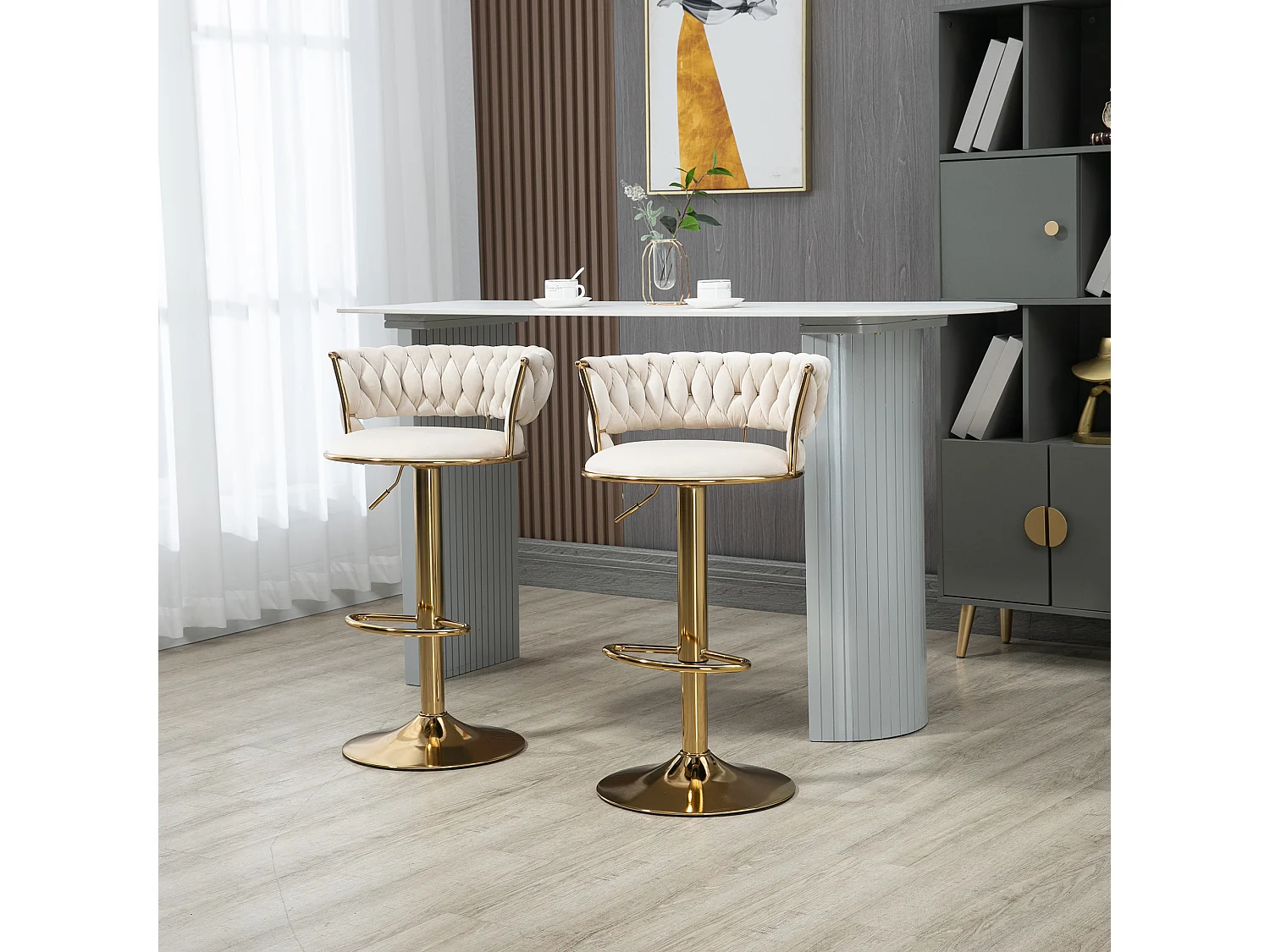 Juego de 2 taburetes de bar - Taburete giratorio con respaldo y altura ajustable - para comedor y sala de estar - terciopelo marfil