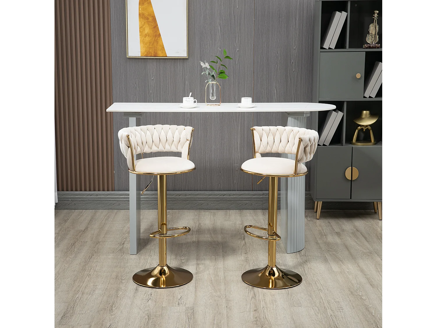 Juego de 2 taburetes de bar - Taburete giratorio con respaldo y altura ajustable - para comedor y sala de estar - terciopelo marfil