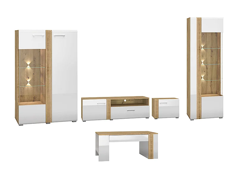 WOHNZIMMER-SET Adagio weiß Hochglanz / Eiche castello 5-teilig