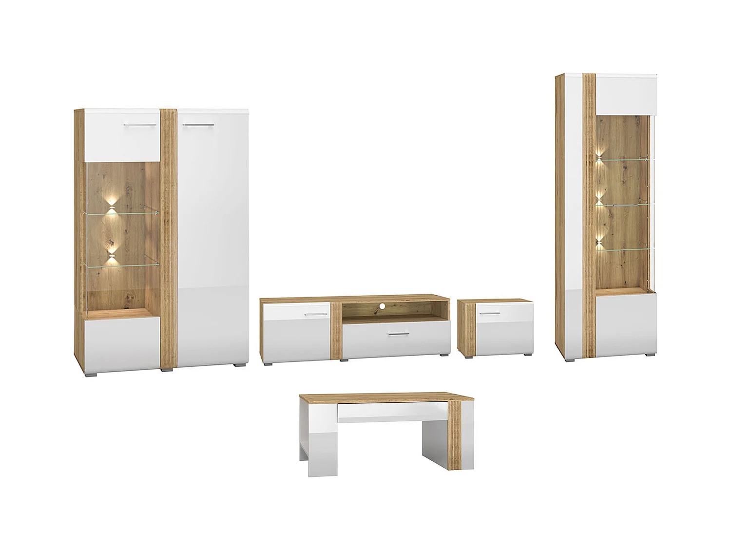 WOHNZIMMER-SET Adagio weiß Hochglanz / Eiche castello 5-teilig