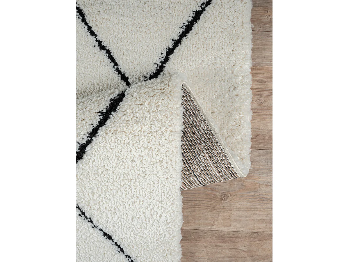 Tapis Bahar Shaggy moderne losange, Blanc Noir, 160 x 230 cm