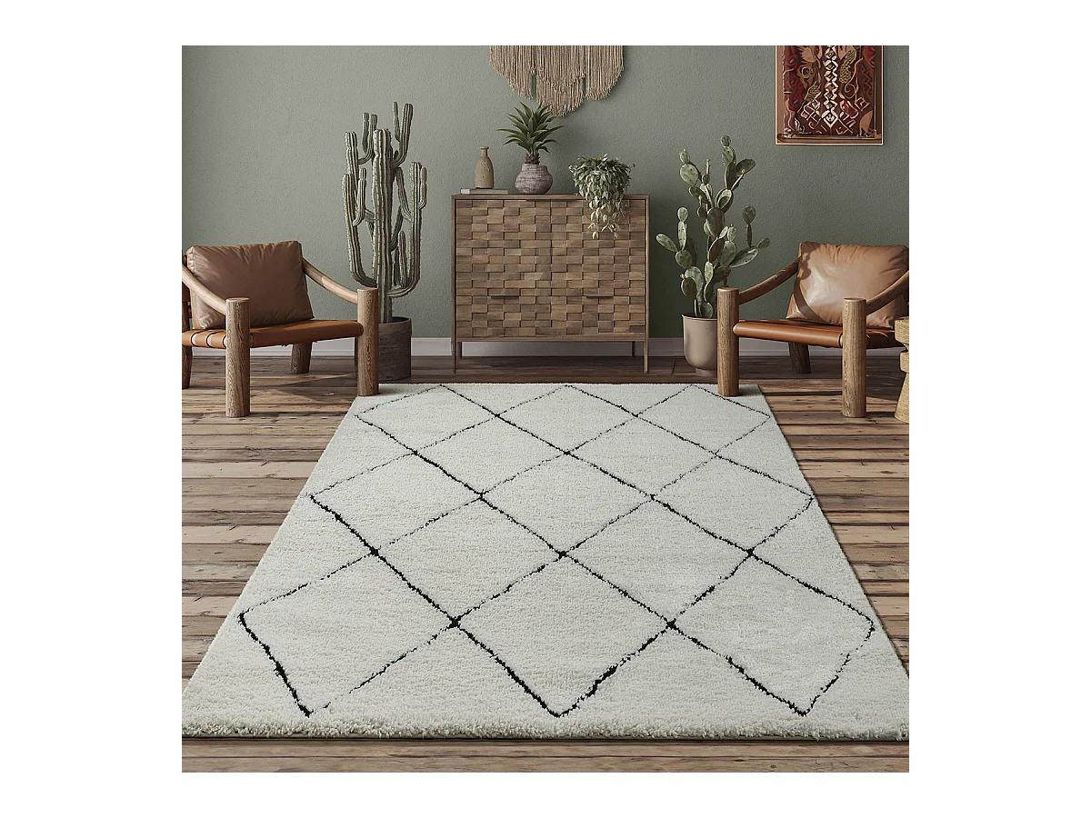 Tapis Bahar Shaggy moderne losange, Blanc Noir, 120 x 170 cm