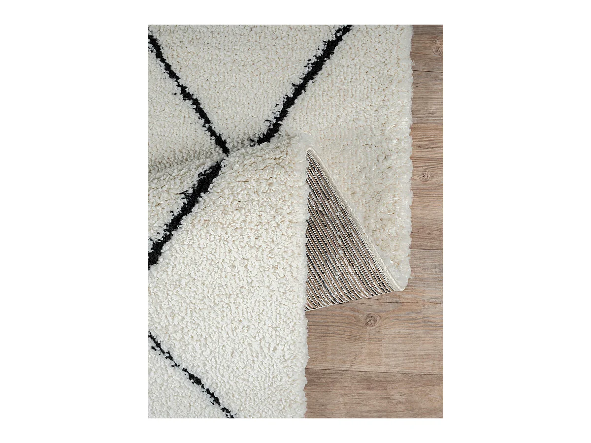 Tapis Bahar Shaggy moderne losange, Blanc Noir, 140 x 200 cm
