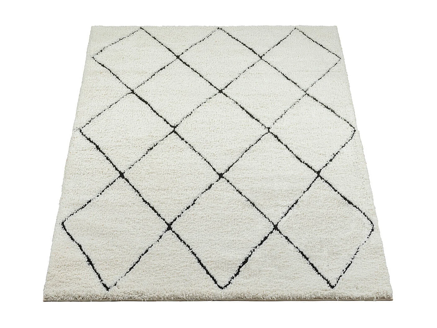 Tapis Bahar Shaggy moderne losange, Blanc Noir, 140 x 200 cm