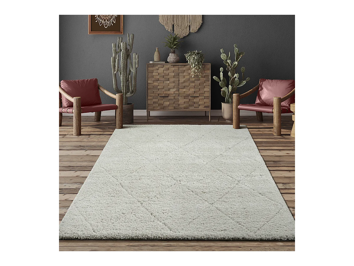 Tapis Bahar Shaggy motif losange, Crème, 120 x 170 cm