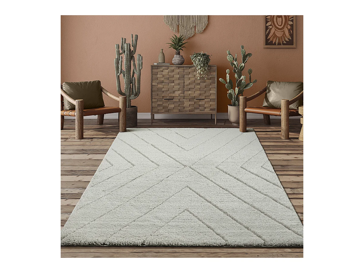 Tapis Bahar Shaggy motif triangle, Crème, 120 x 170 cm