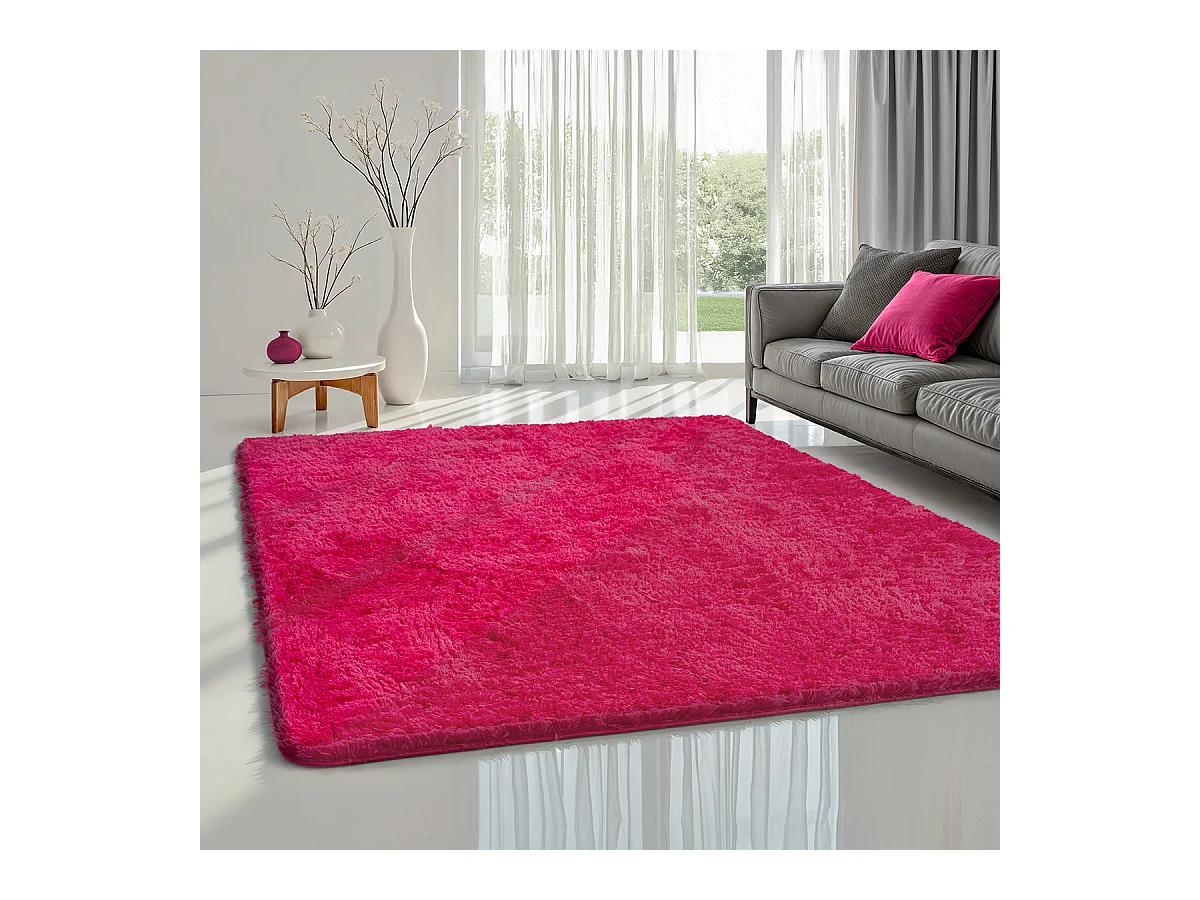 Tapis Soft Shaggy Poils Long Antidérapant, Fucsia, 120 cm rond