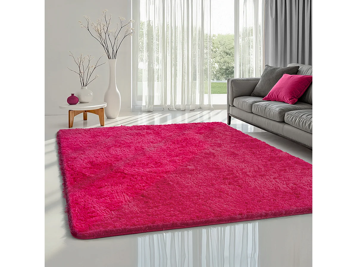 Tapete Soft Shaggy pelo longo, antiderrapante, Fucsia, 120 cm redondo