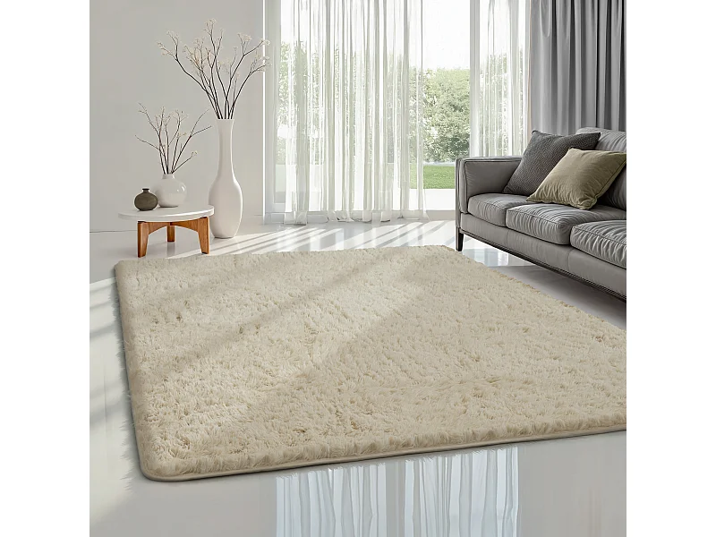 Teppich Soft Shaggy Hochflor, rutschfest, Beige, 120 cm rund