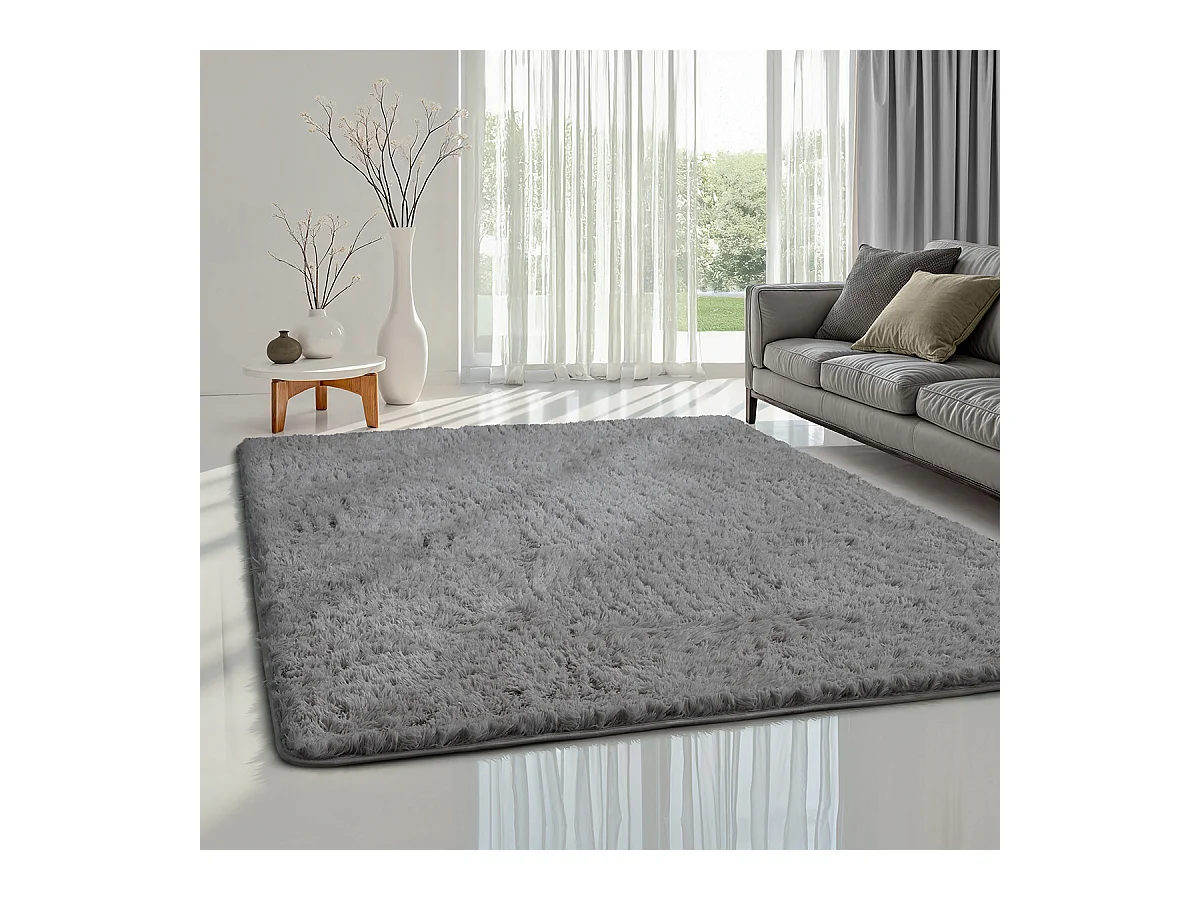 Tapis Soft Shaggy Poils Long Antidérapant, Gris, 120 cm rond