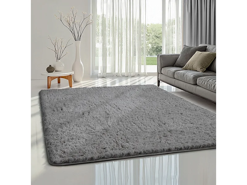 Tapis Soft Shaggy Poils Long Antidérapant, Gris, 120 cm rond