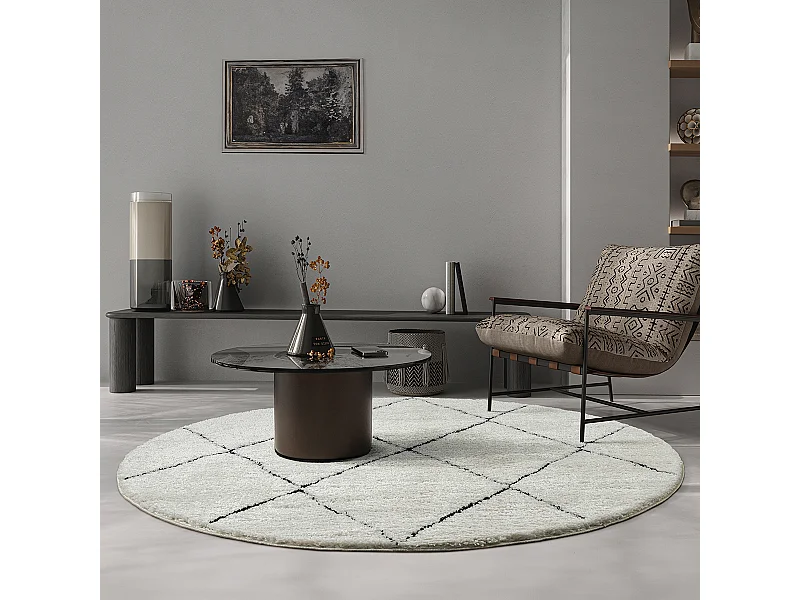 Vloerkleed Bahar Shaggy modern ruitpatroon, zwart wit, 120 cm rond