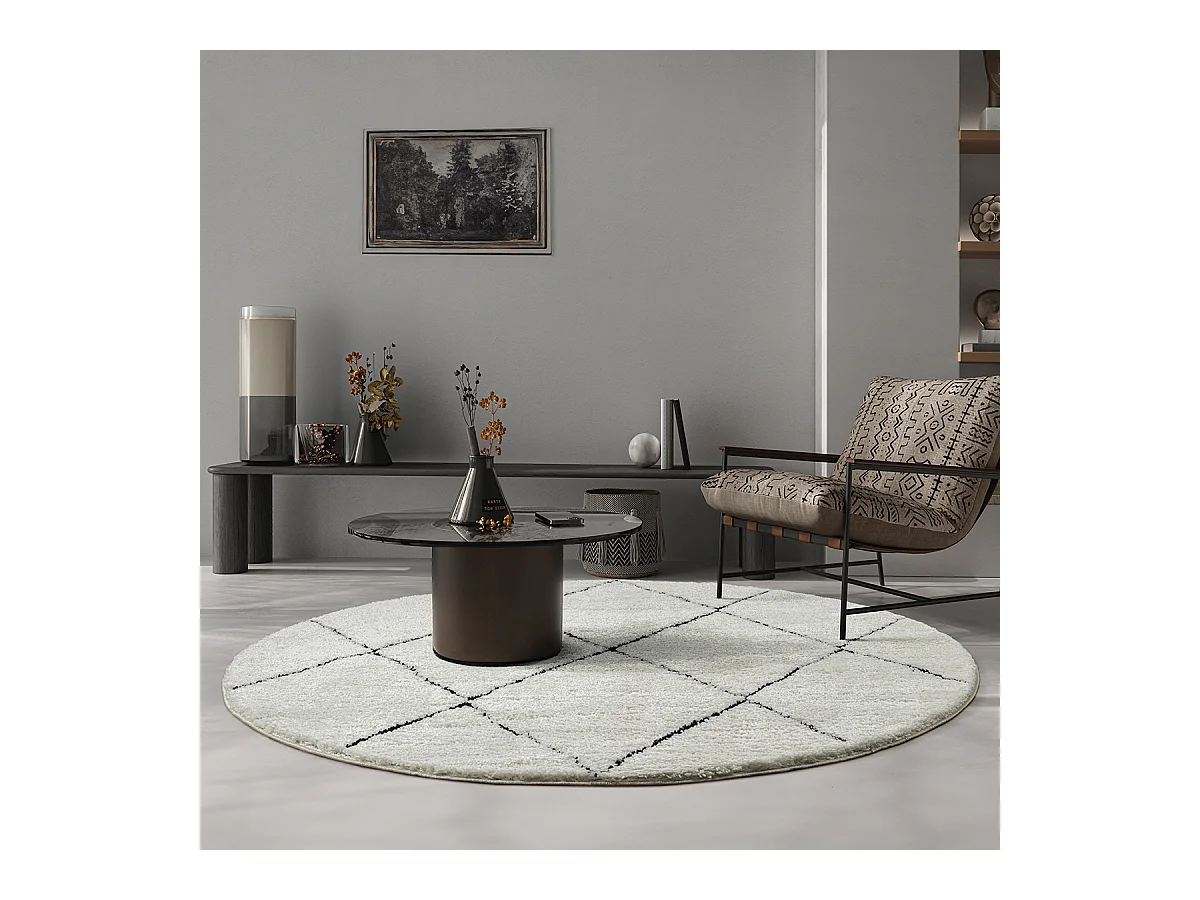 Tapis Bahar Shaggy moderne losange, Blanc Noir, 120 cm Rond