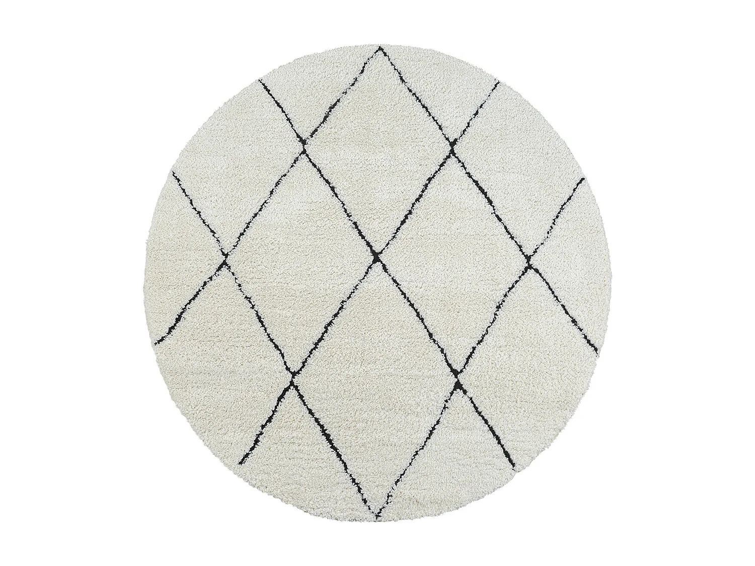 Tapis Bahar Shaggy moderne losange, Blanc Noir, 120 cm Rond