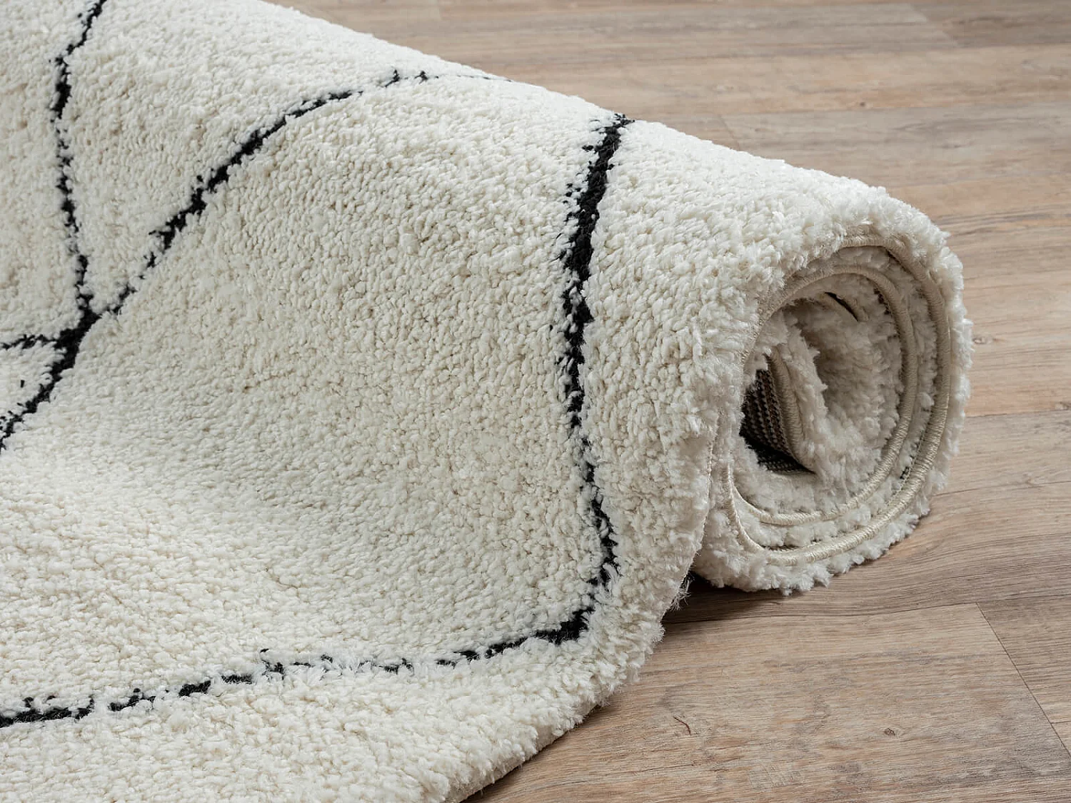 Tapis Bahar Shaggy moderne losange, Blanc Noir, 200 x 290 cm