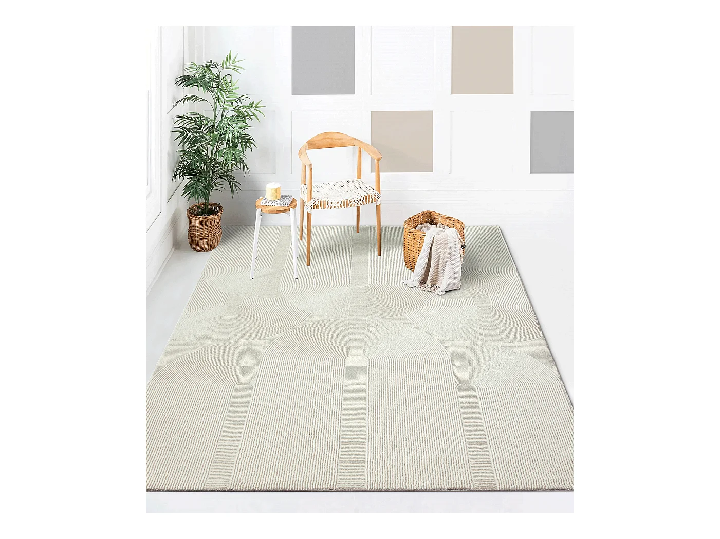 Tapis Lima design salon Moderne Art Curve Durable, Crème, 80 x 150 cm