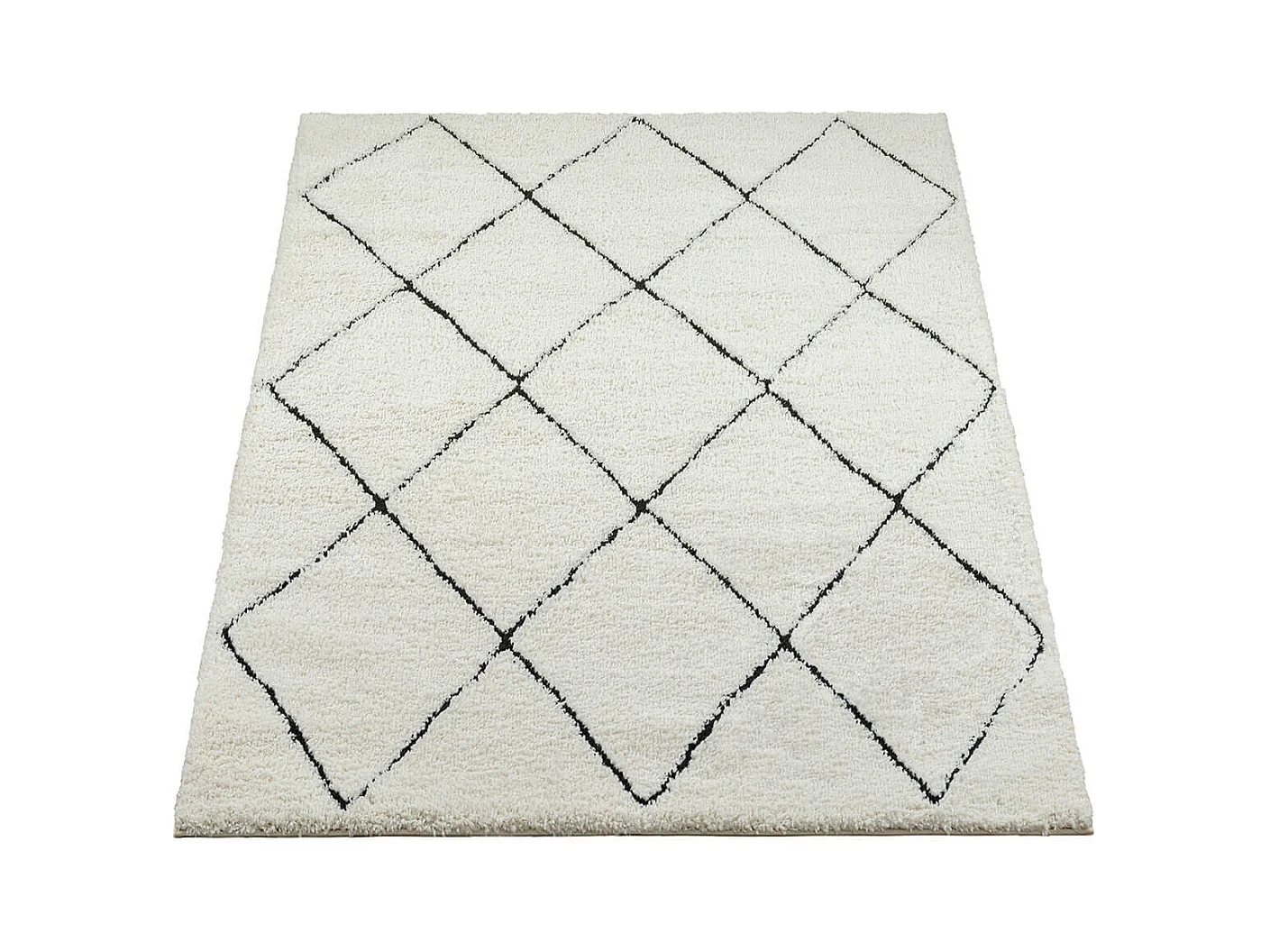 Tapis Bahar Shaggy moderne losange, Blanc Noir, 240 x 340 cm