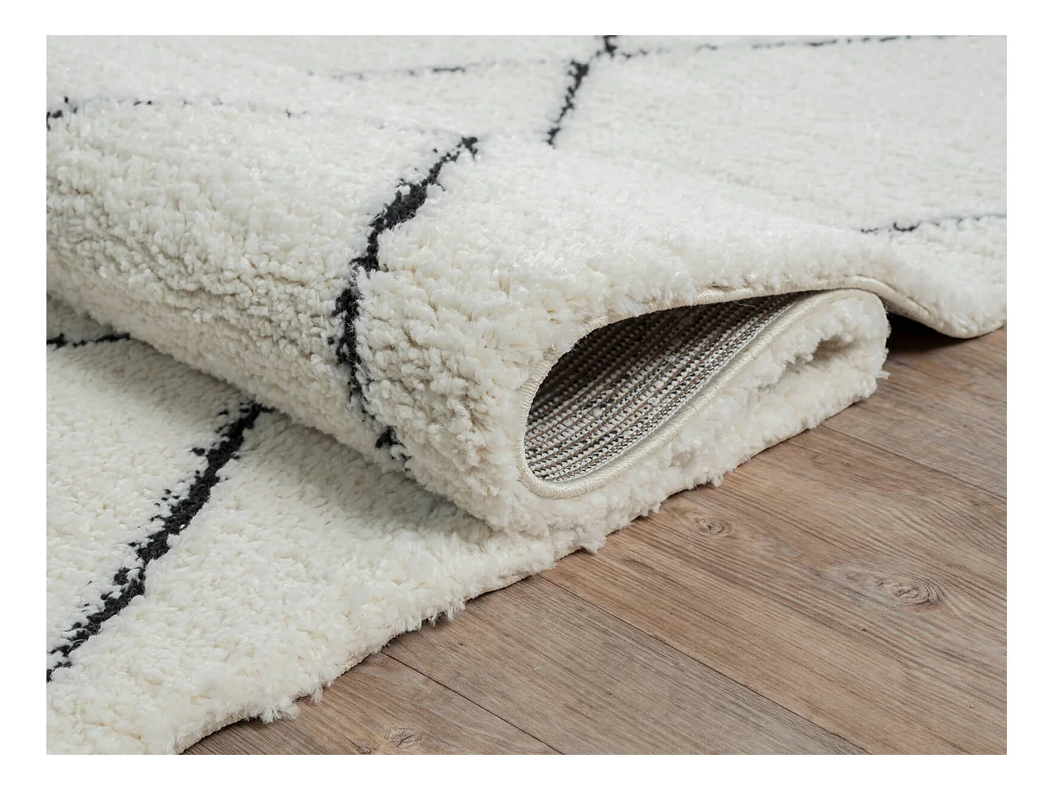Tapis Bahar Shaggy moderne losange, Blanc Noir, 240 x 340 cm