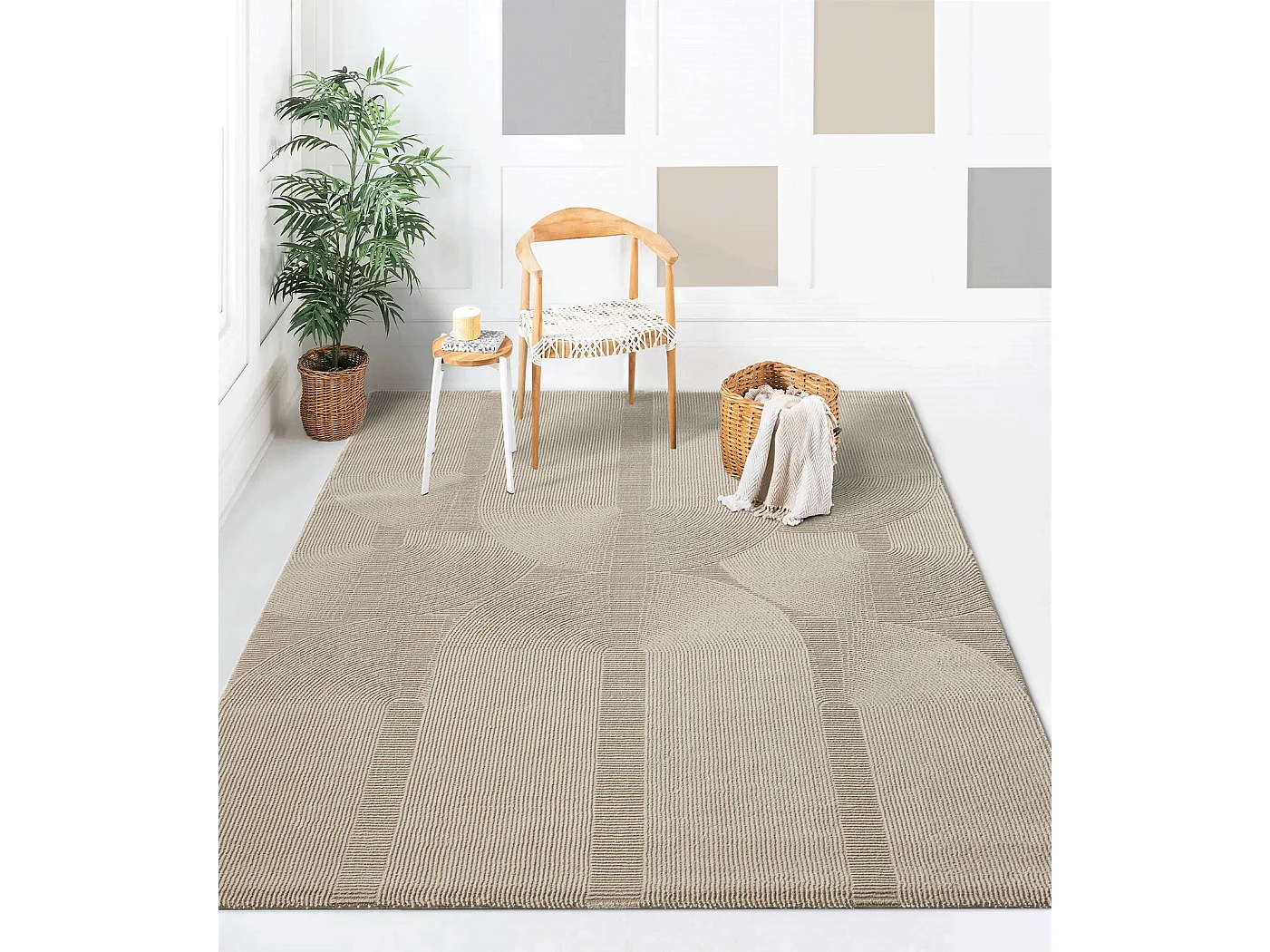 Tapis Lima design salon Moderne Art Curve Durable, Beige, 80 x 150 cm