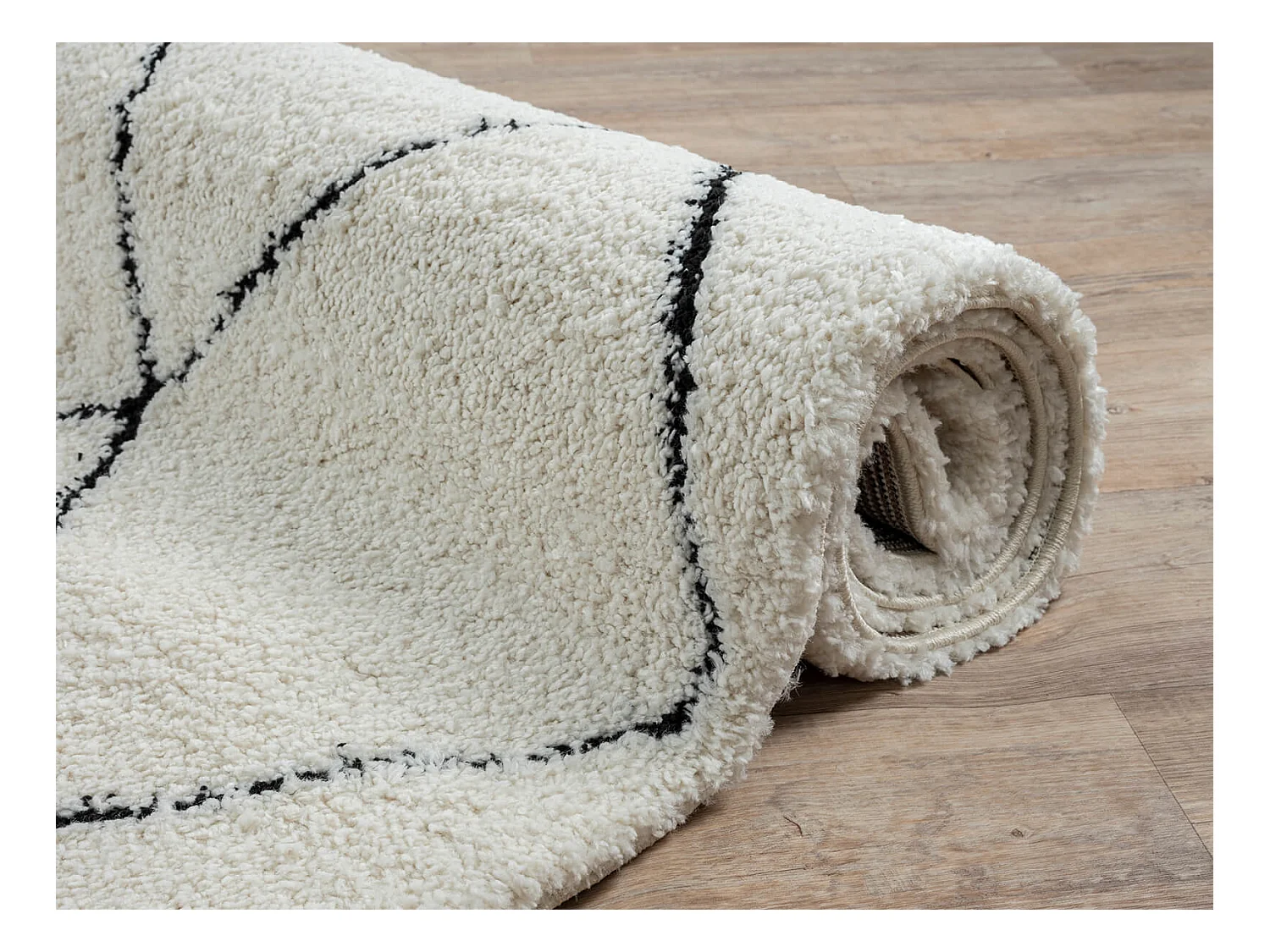 Tapis Bahar Shaggy moderne losange, Blanc Noir, 160 cm Rond