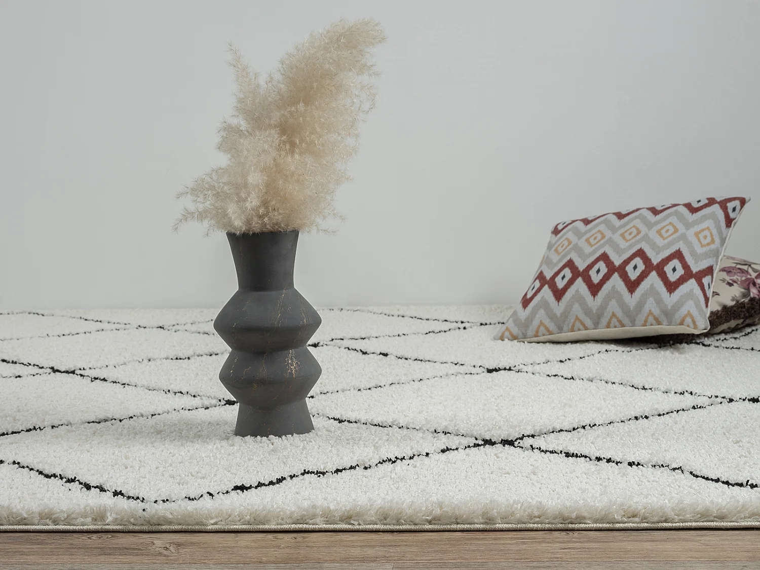 Tapis Bahar Shaggy moderne losange, Blanc Noir, 160 cm Rond