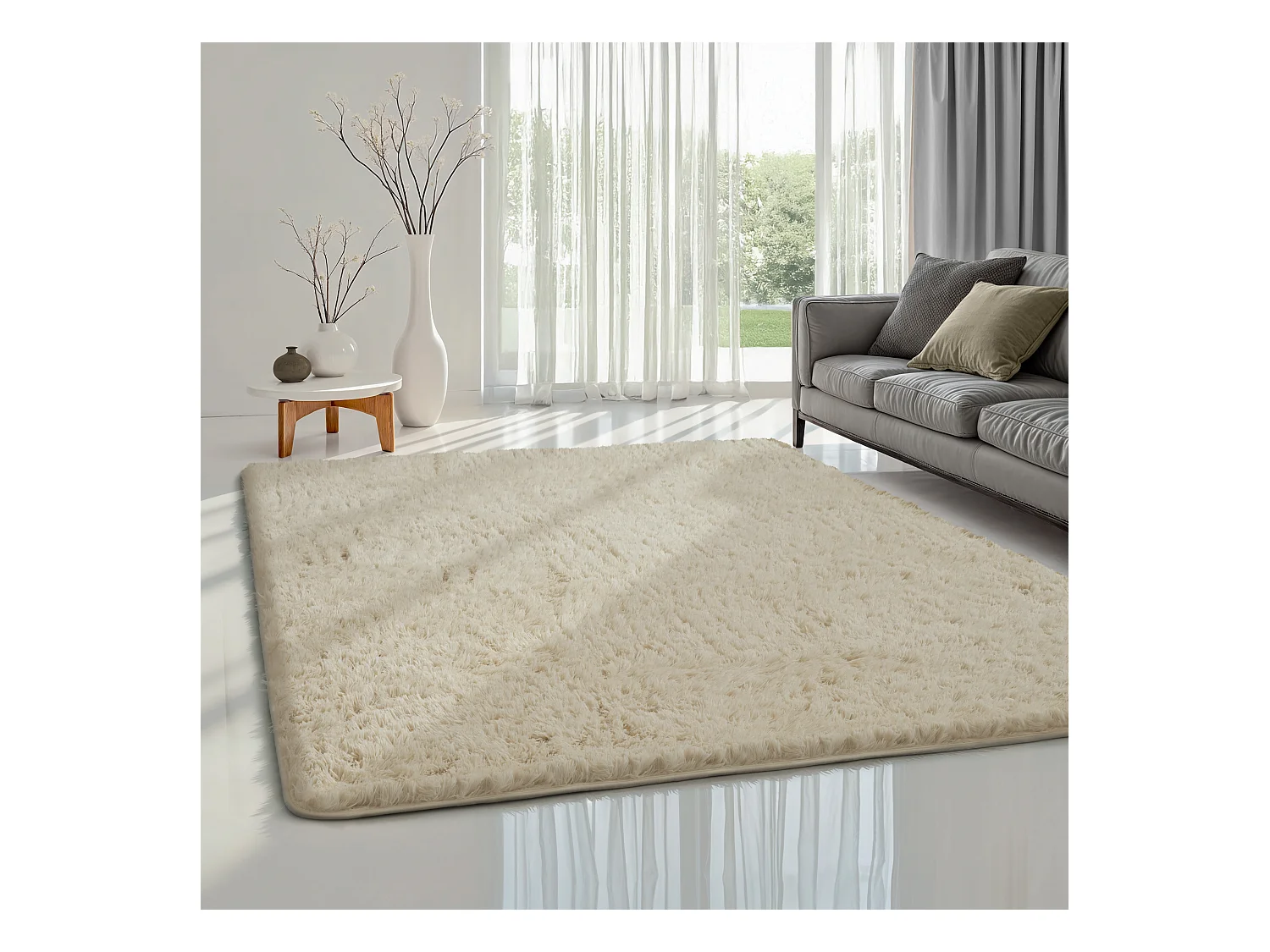 Tapis Soft Shaggy Poils Long Antidérapant, Beige, 200x280 cm