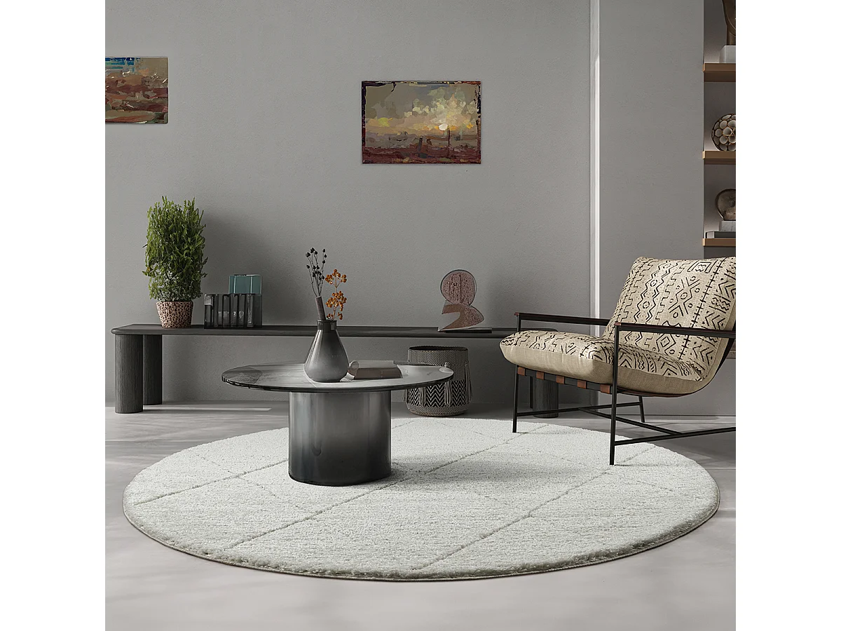 Tapis Bahar Shaggy motif losange, Crème, 120 cm Rond