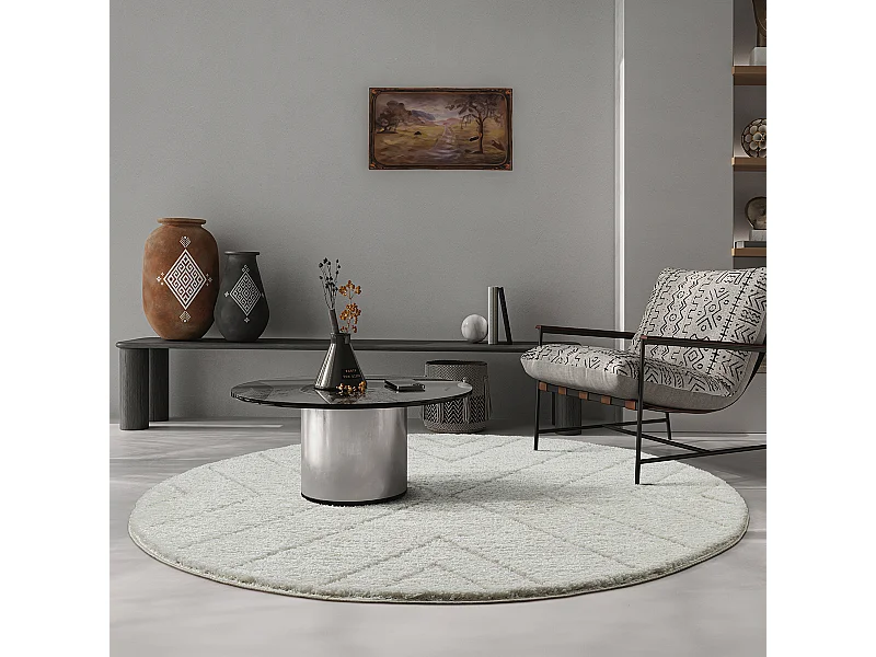 Tapis Bahar Shaggy motif triangle, Crème, 160 cm Rond