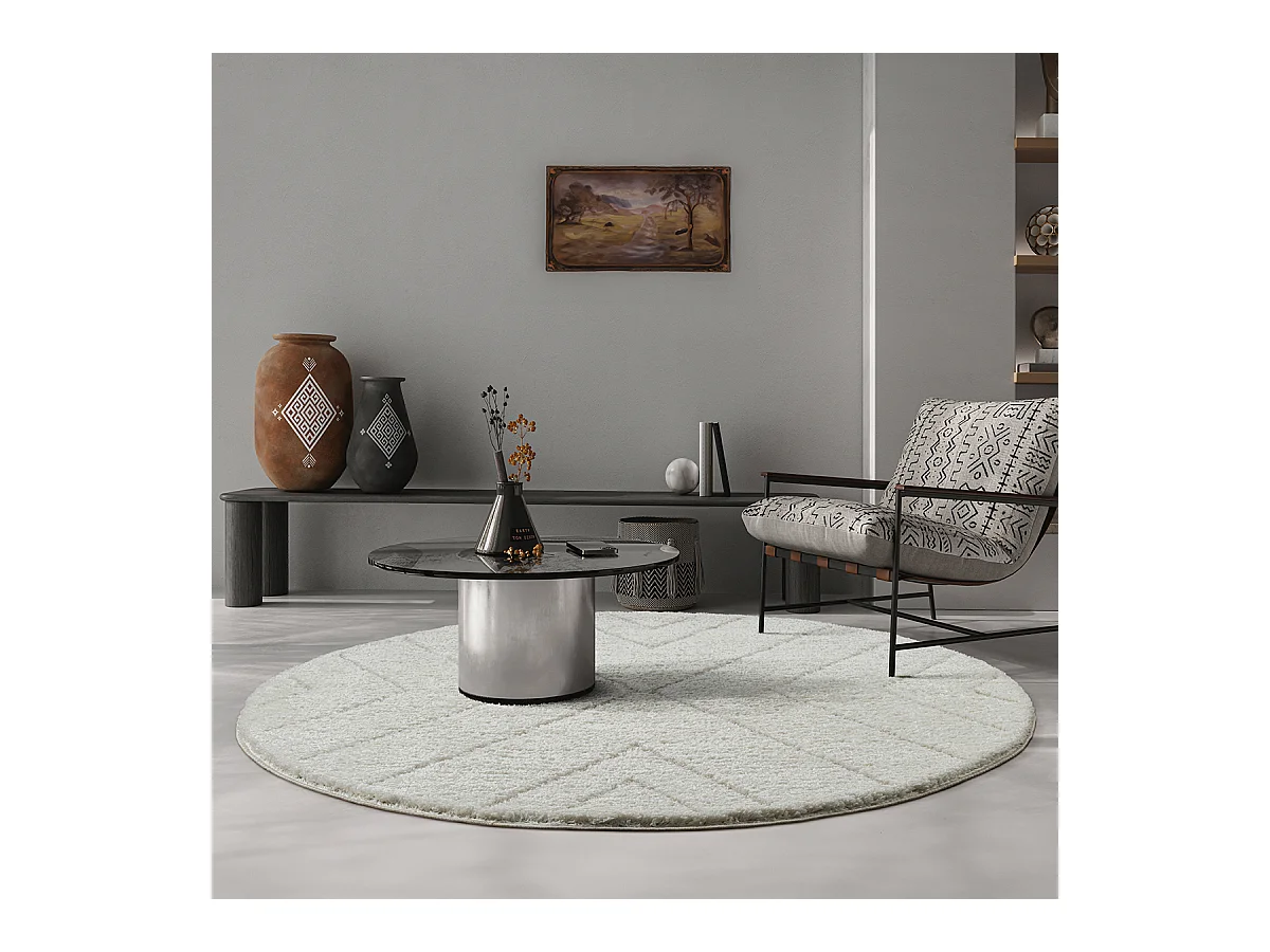 Tapis Bahar Shaggy motif triangle, Crème, 120 cm Rond