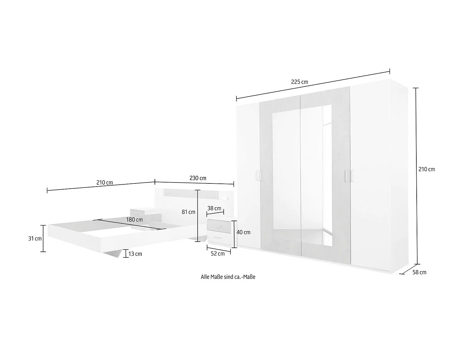 SCHLAFZIMMER SET 4- teilig  Angie weiß / graphit 509 / 210 / 210cm