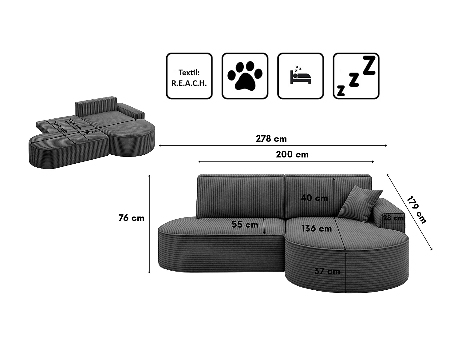 Ecksofa Modena Pro - Komfort und Stil in modernem Design stoff Poso Graphit Rechts