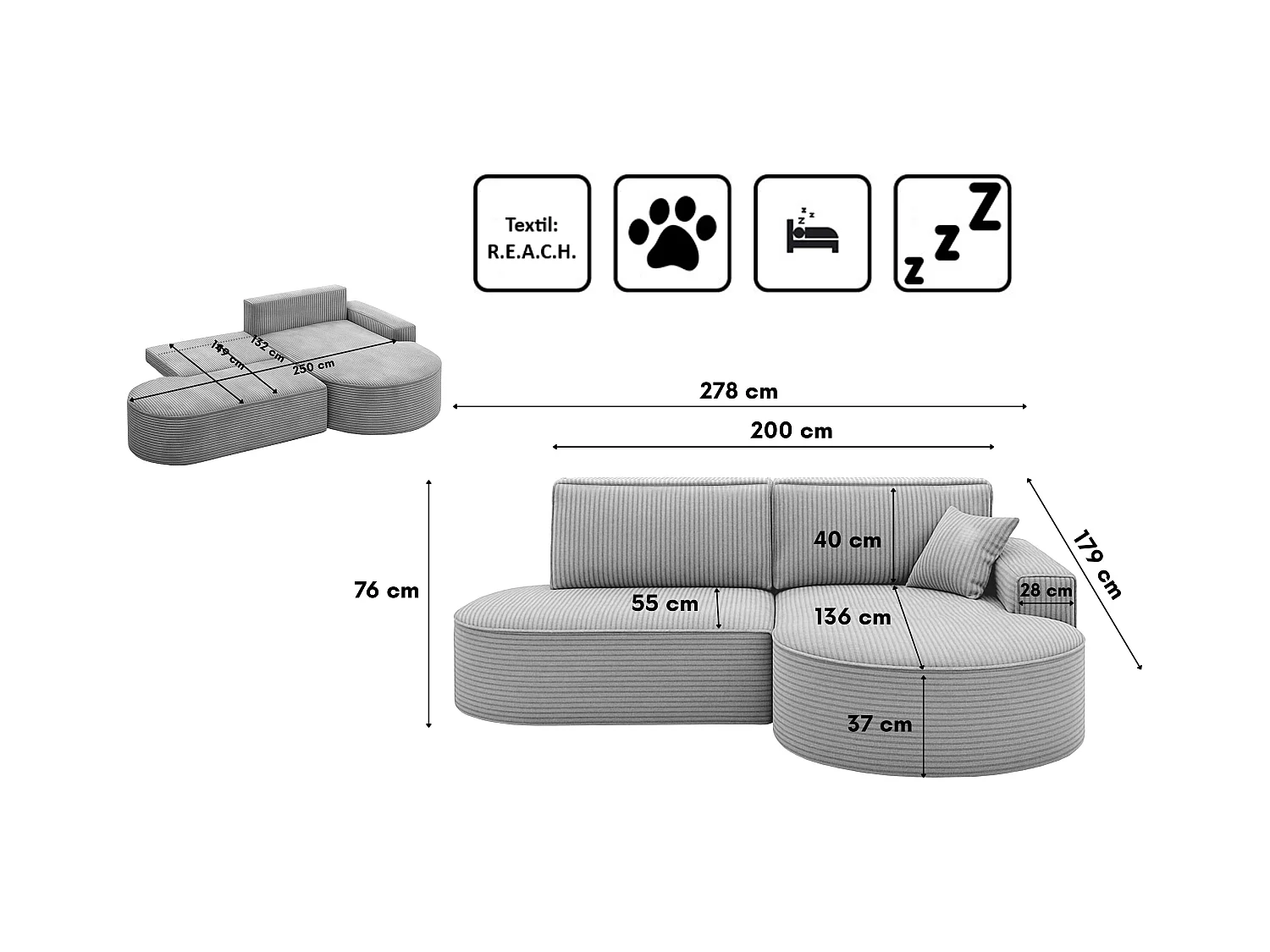 Ecksofa Modena Pro - Komfort und Stil in modernem Design stoff Poso Silber Rechts