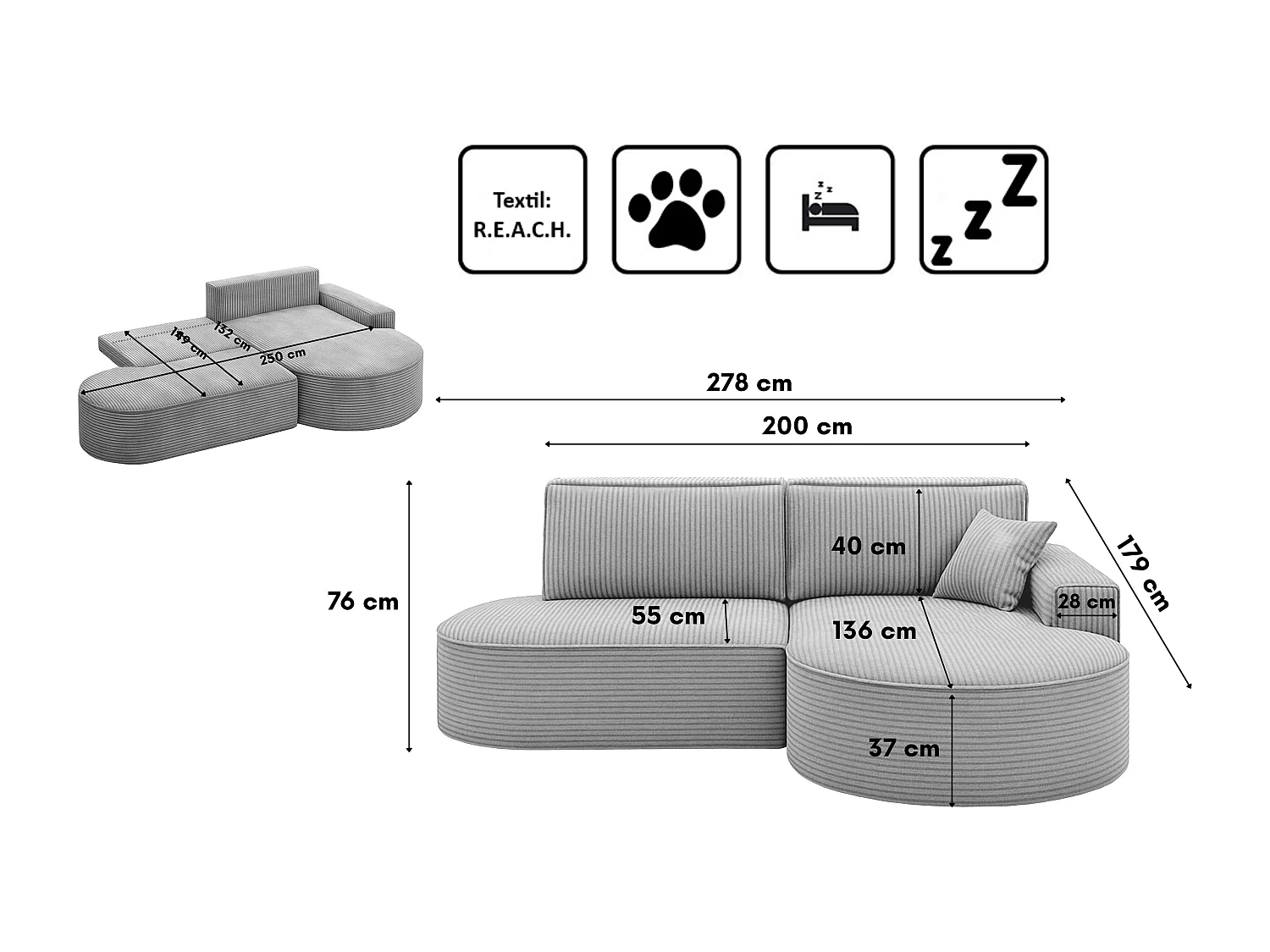 Ecksofa Modena Pro - Komfort und Stil in modernem Design stoff Poso Silber Rechts