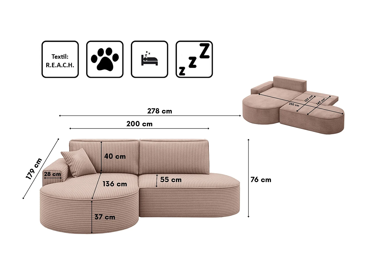 Ecksofa Modena Pro - Komfort und Stil in modernem Design stoff Poso Rosa Links