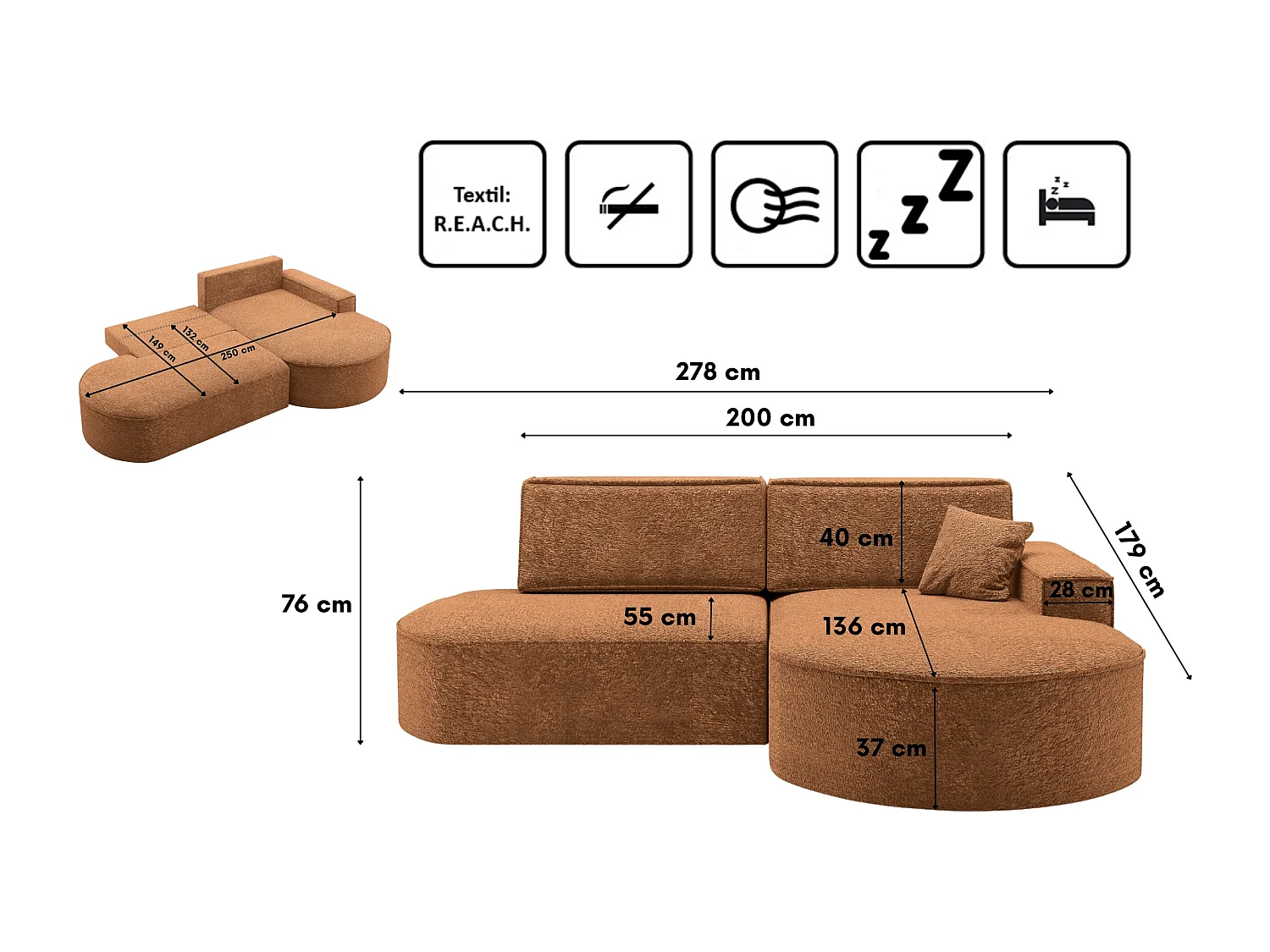 Ecksofa Modena Pro - Komfort und Stil in modernem Design stoff Arena Orange Rechts