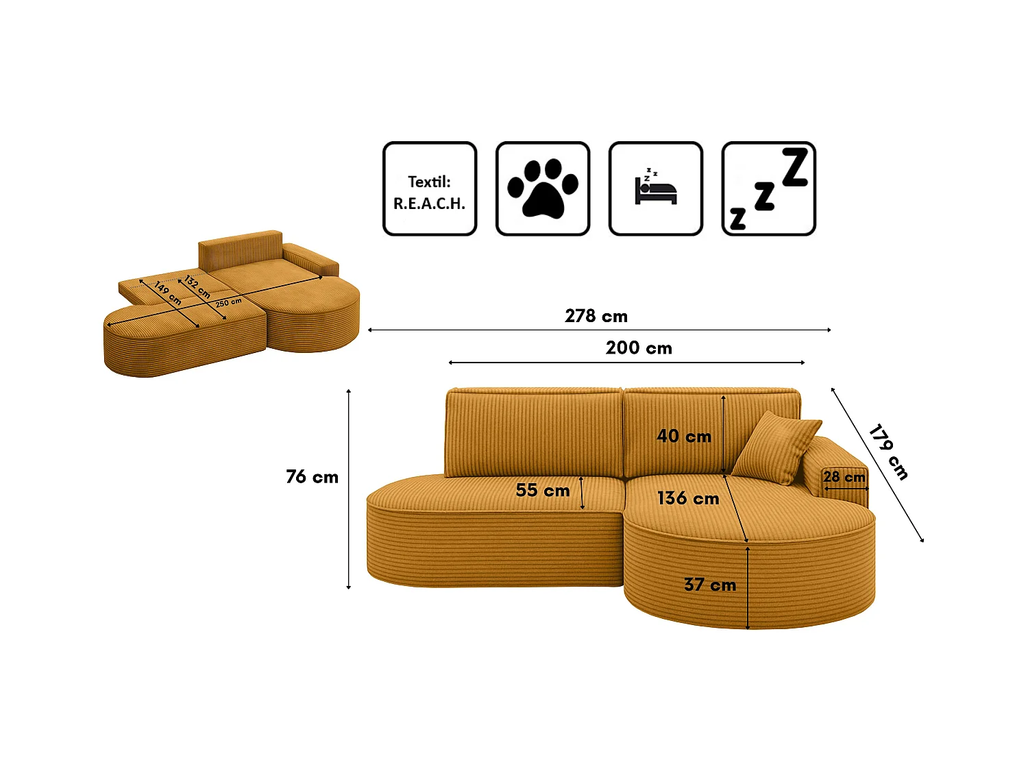 Ecksofa Modena Pro - Komfort und Stil in modernem Design stoff Poso Senffarbe Rechts