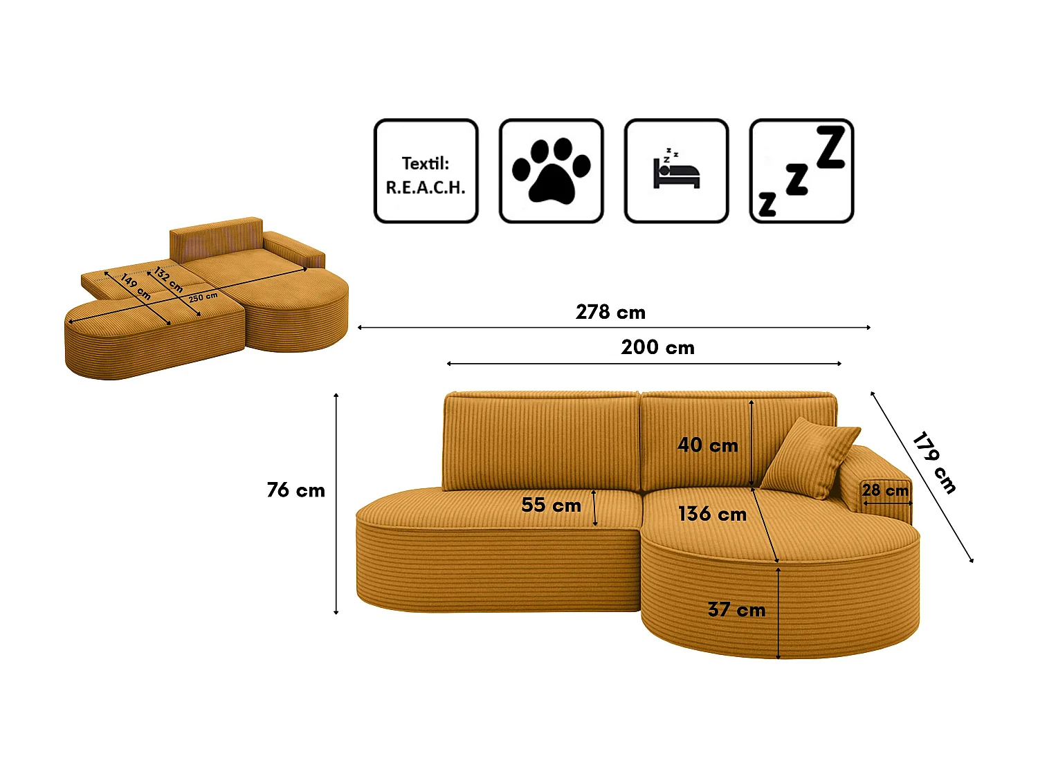 Ecksofa Modena Pro - Komfort und Stil in modernem Design stoff Poso Senffarbe Rechts