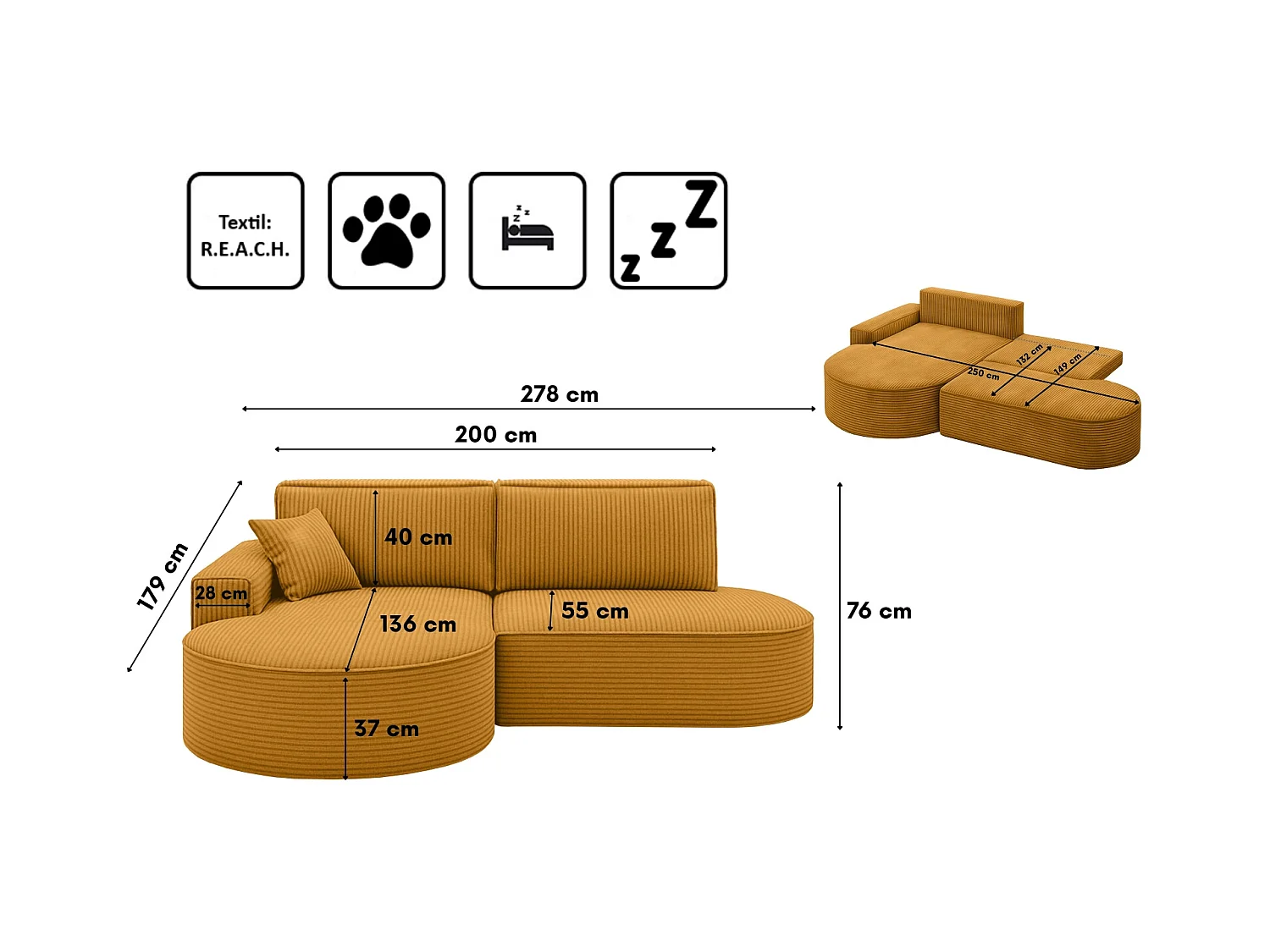Ecksofa Modena Pro - Komfort und Stil in modernem Design stoff Poso Senffarbe Links