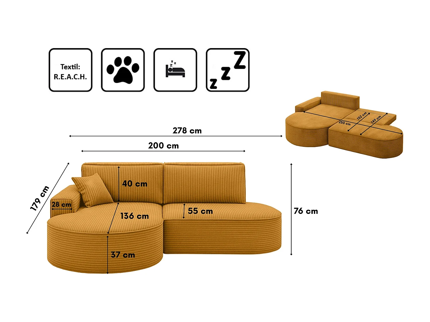 Ecksofa Modena Pro - Komfort und Stil in modernem Design stoff Poso Senffarbe Links