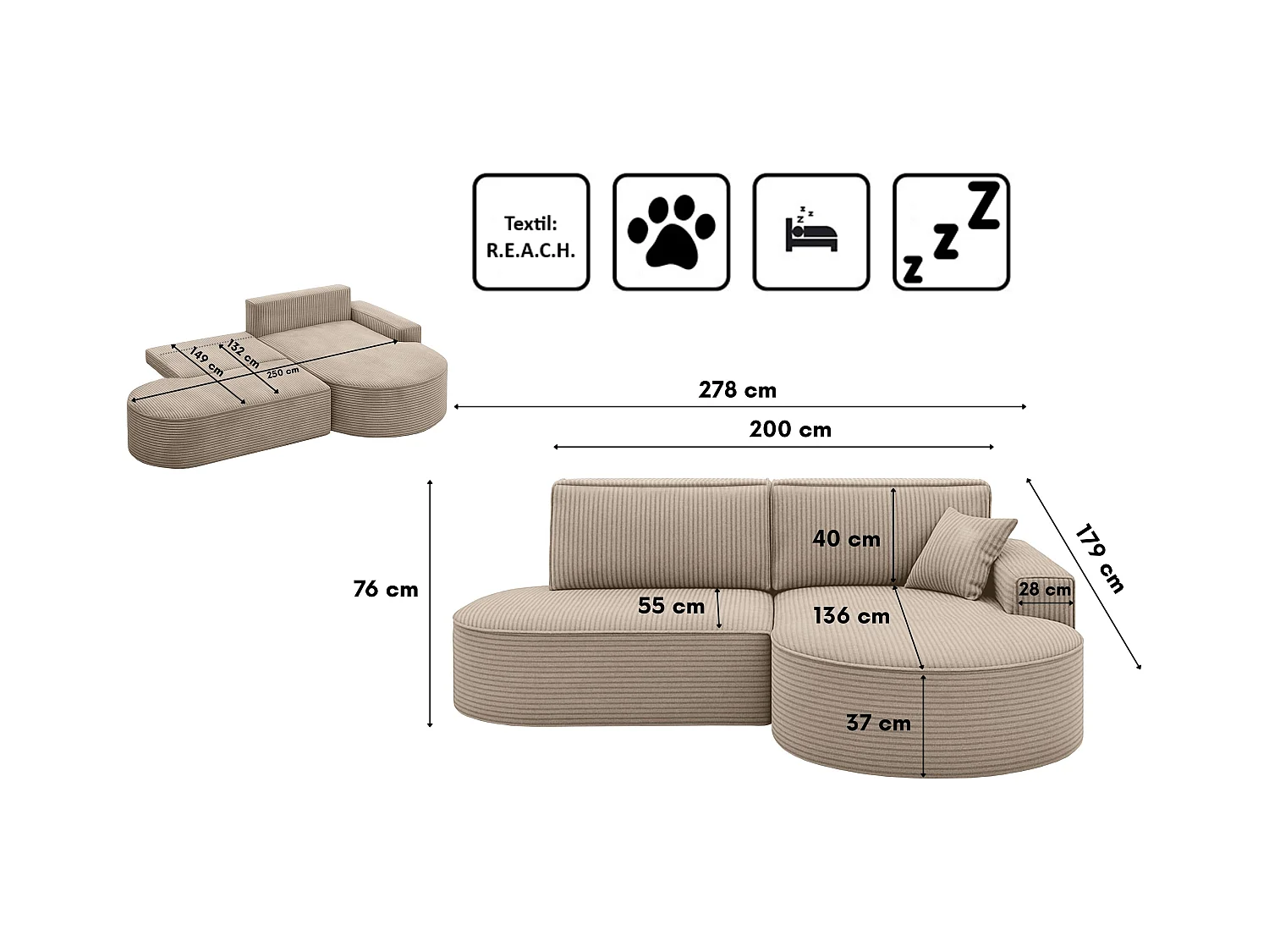 Ecksofa Modena Pro - Komfort und Stil in modernem Design stoff Poso Dunkelbeige Rechts