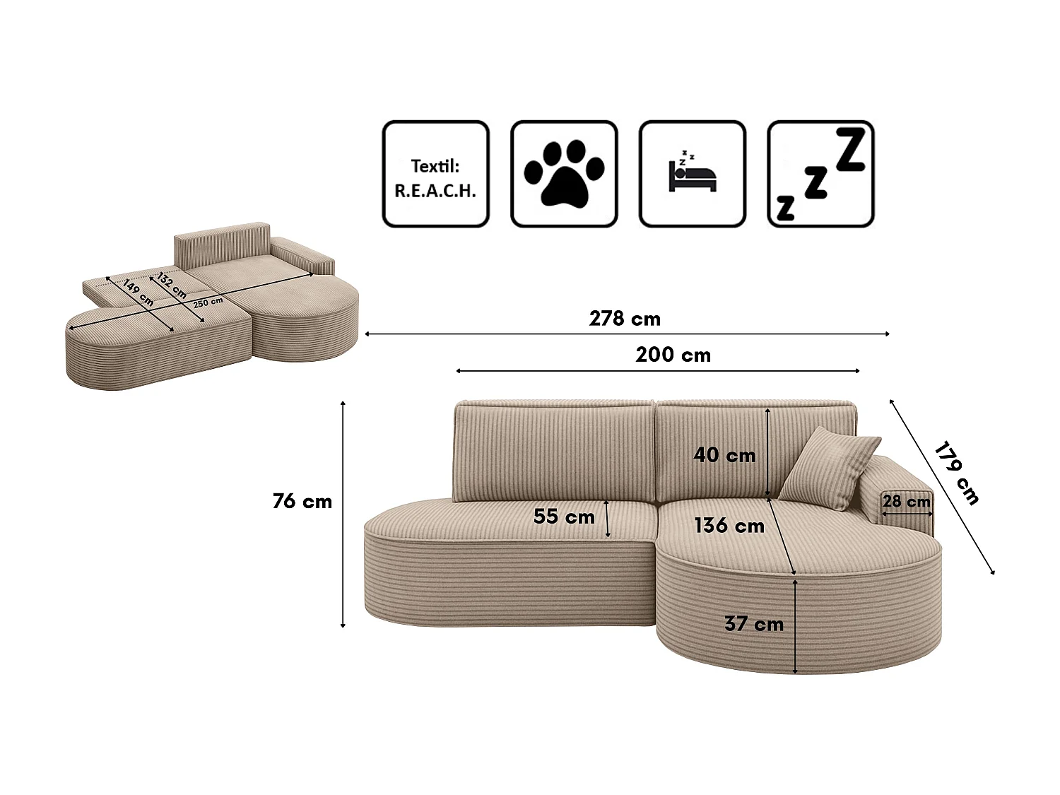 Ecksofa Modena Pro - Komfort und Stil in modernem Design stoff Poso Dunkelbeige Rechts