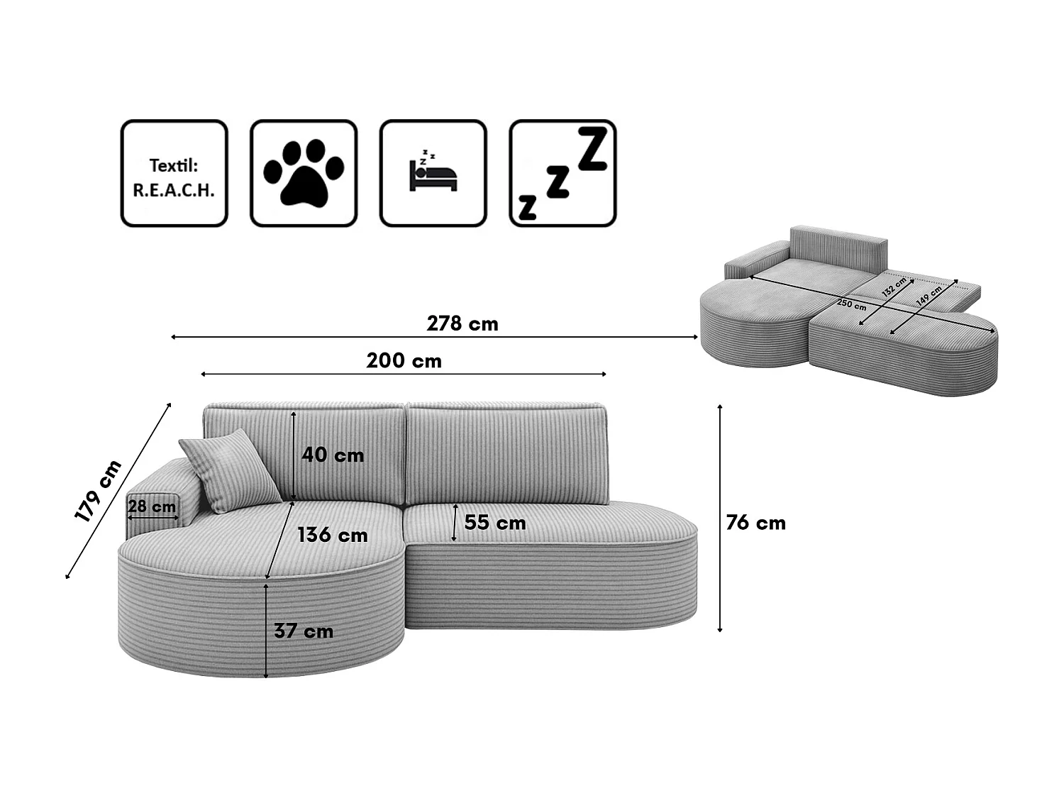 Ecksofa Modena Pro - Komfort und Stil in modernem Design stoff Poso Silber Links