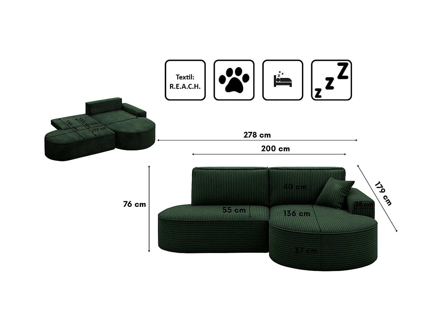 Ecksofa Modena Pro - Komfort und Stil in modernem Design stoff Poso Grün Rechts