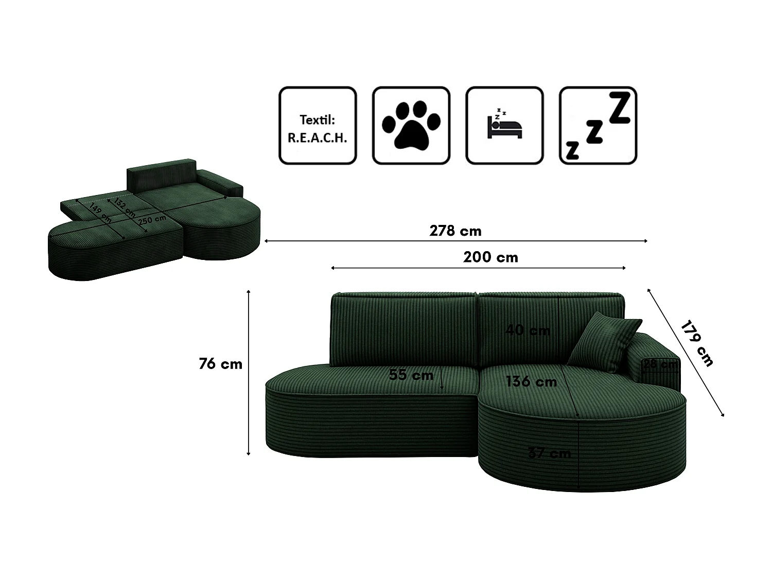 Canapé d'angle Modena Pro - Confort et style dans un tissu au design moderne Poso Green Right