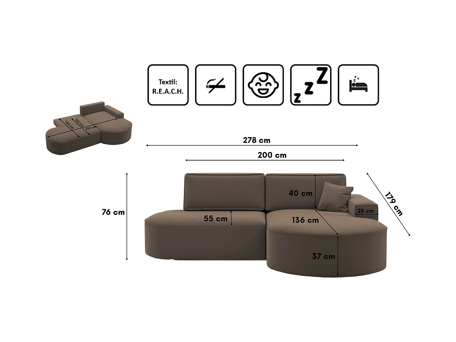 Canapé d'angle Modena Pro - confort et style dans un design moderne en tissu Salvador Dark Brown Right