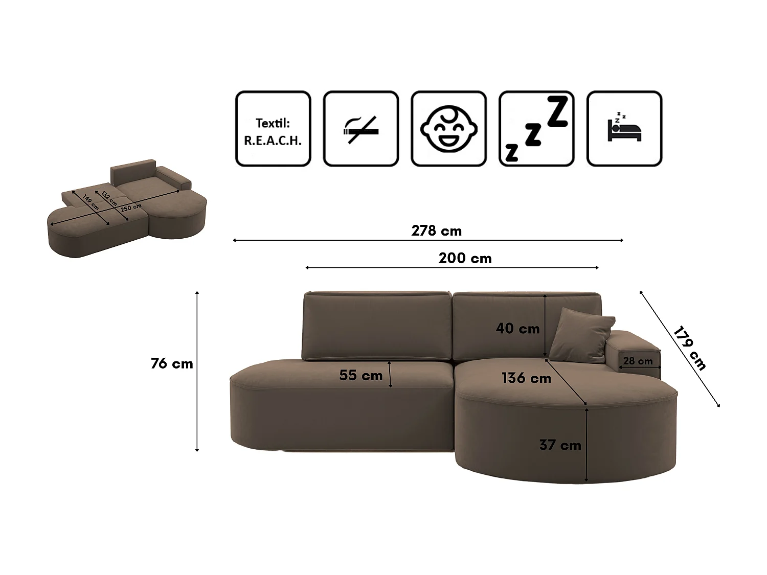 Canapé d'angle Modena Pro - confort et style dans un design moderne en tissu Salvador Dark Brown Right