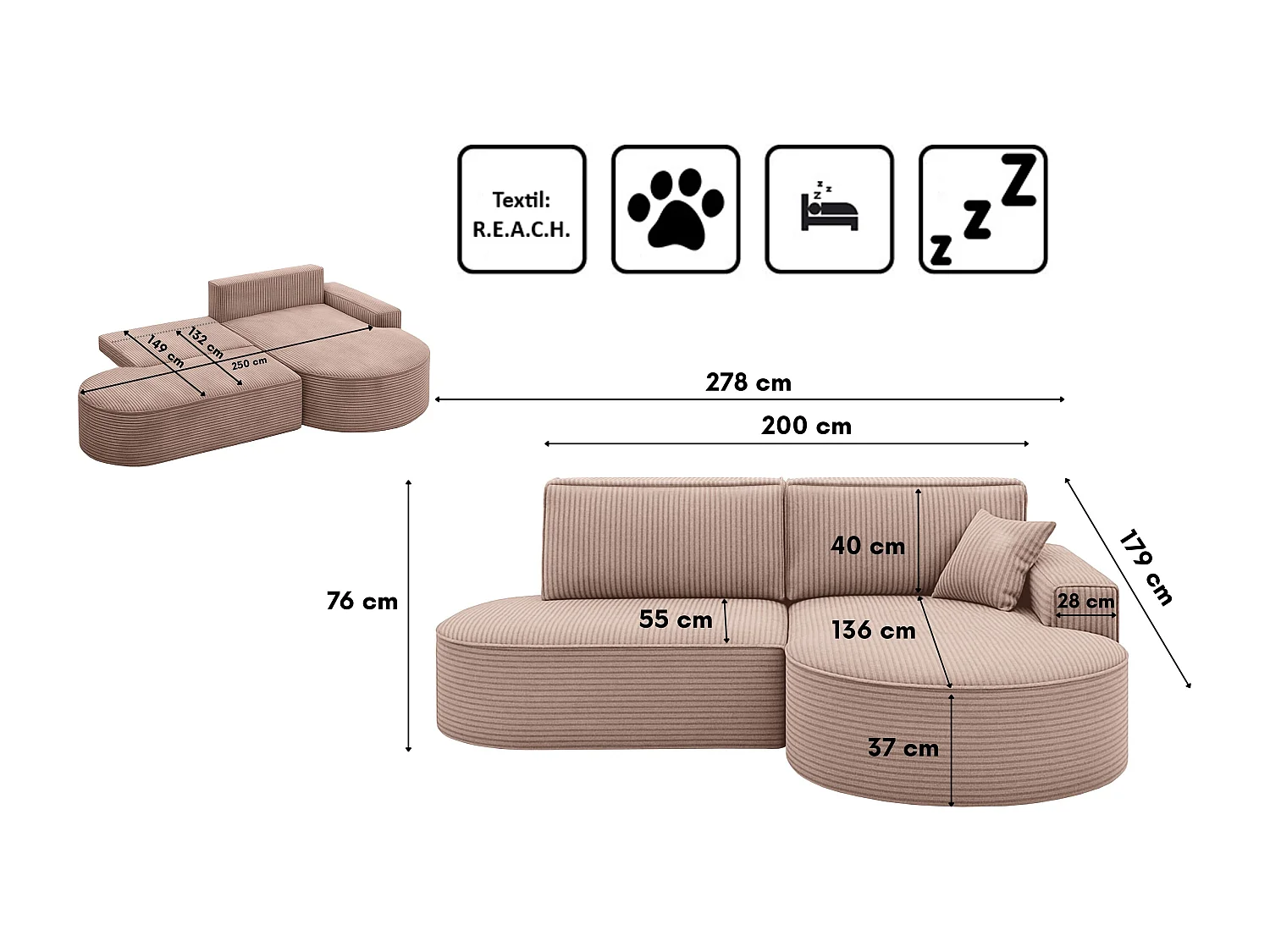 Canapé d'angle Modena Pro - Confort et style dans un tissu au design moderne Poso Rosa Right
