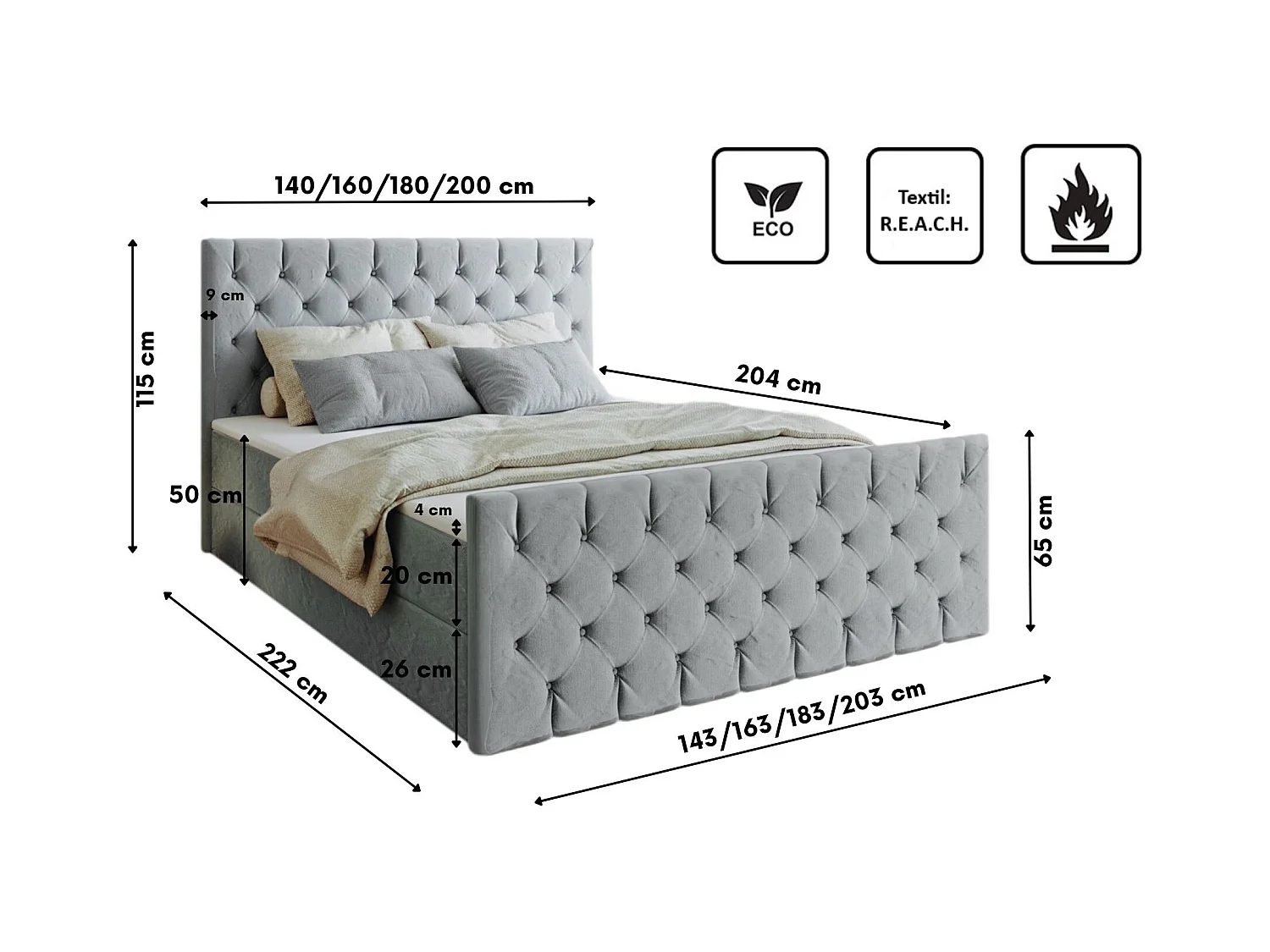 Lit continental Mars avec sommier tissu Riviera Silver 200x200 cm